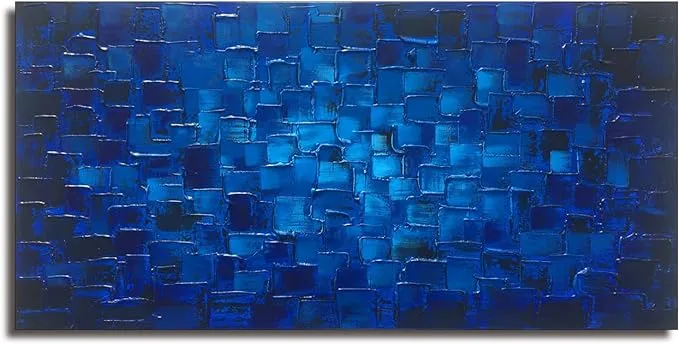 MyArton Large Abstract Dark Blue Square Wall Art Hand Painted Textured Oil Painting on Canvas Ready To Hang 60x30inch