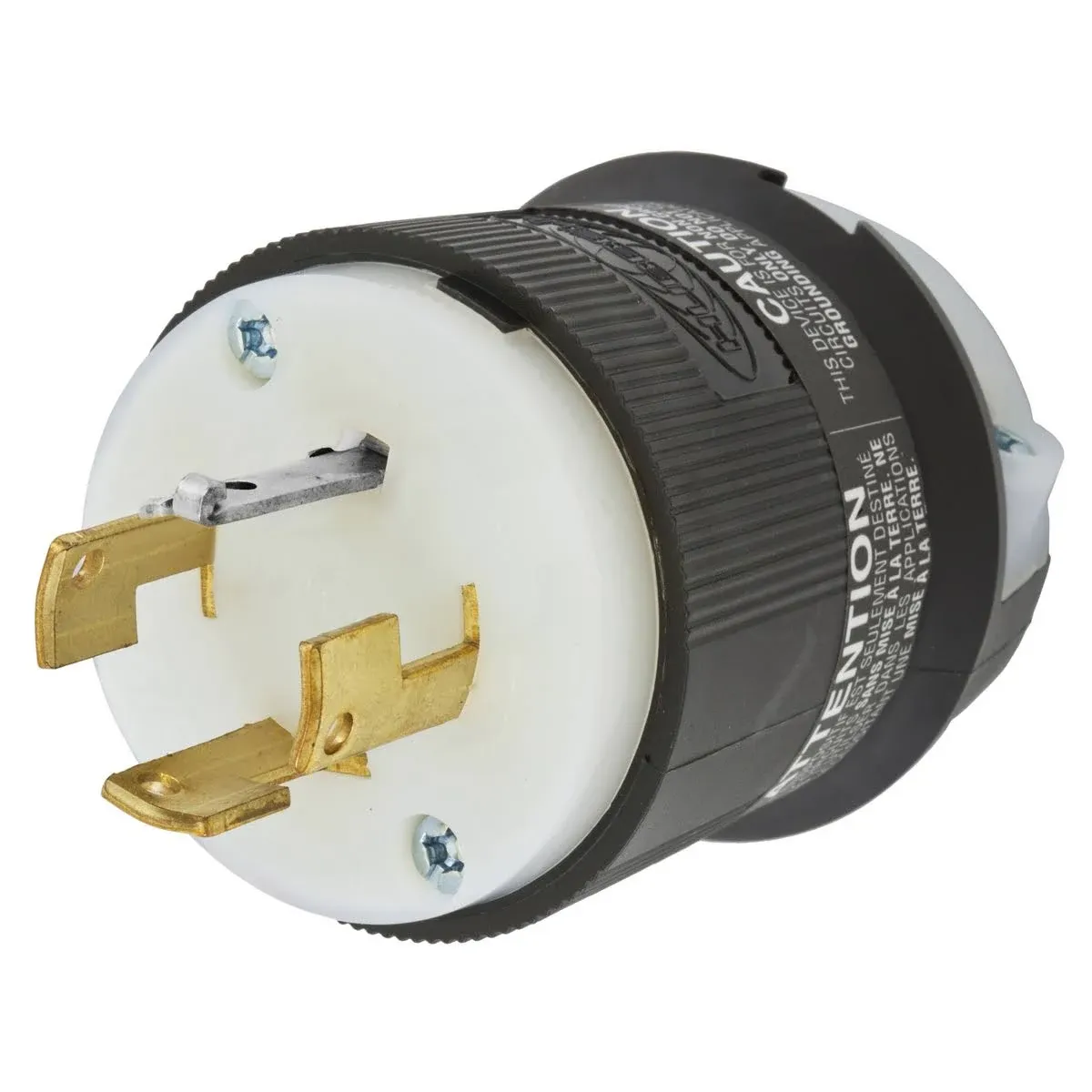 Locking Devices, Twist-Lock, Industrial, Male Insulgrip Plug, 20A 3-Phase Y 120/208VAC, 4-Pole 4-Wire Non-Grounding, Non- NEMA, Screw Terminal, Black and White Nylon.