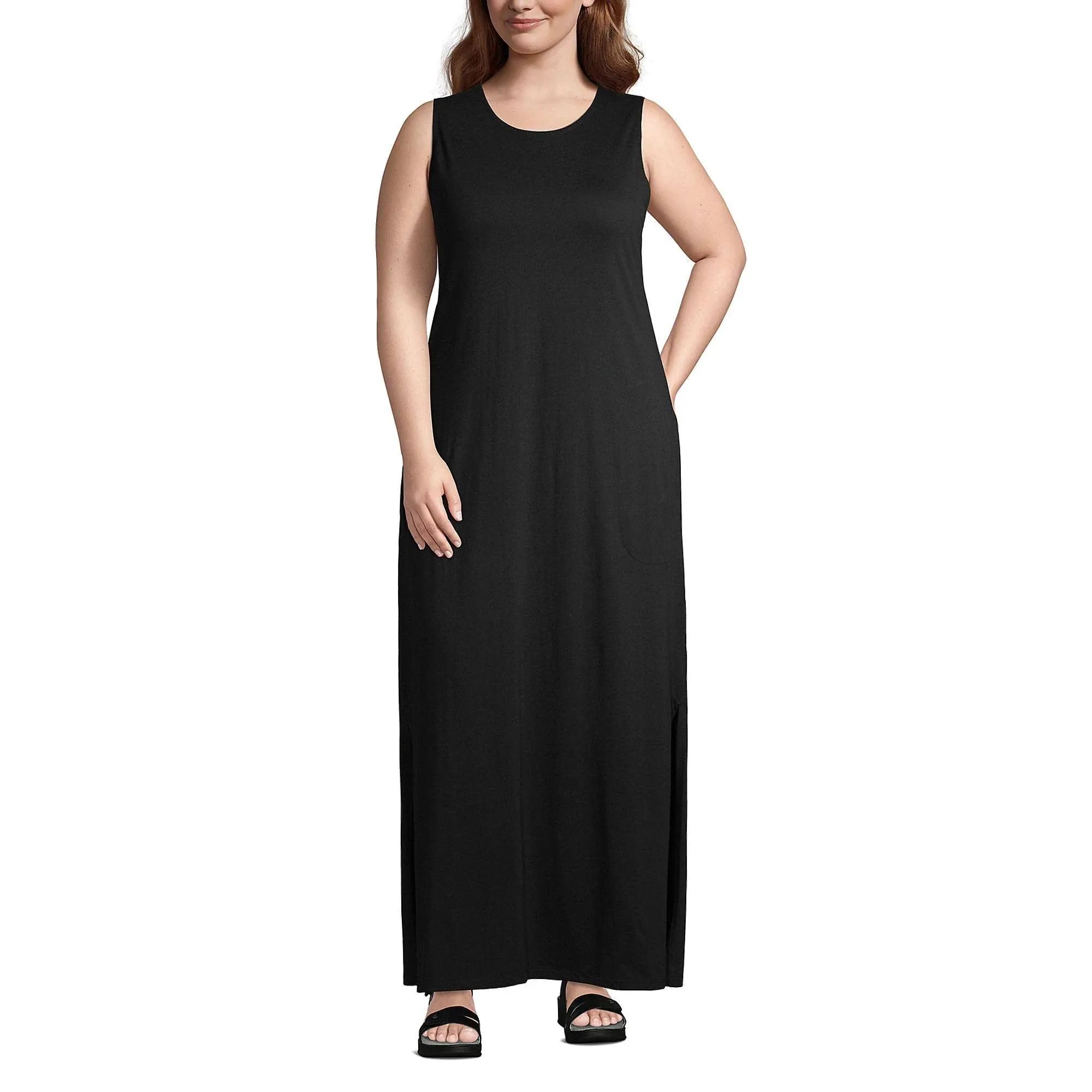 Lands' End Women's Cotton Jersey Sleeveless Swim Cover-Up Maxi Dress - Black