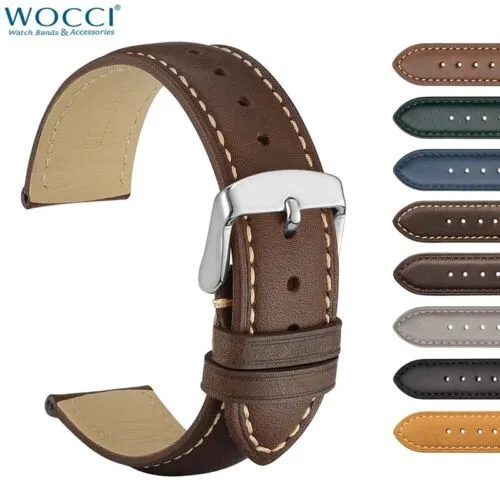 WOCCI 20mm Vintage Leather Watch Band for Men and Women, Silver Buckle (Dark Brown/Contrasting Stitch)