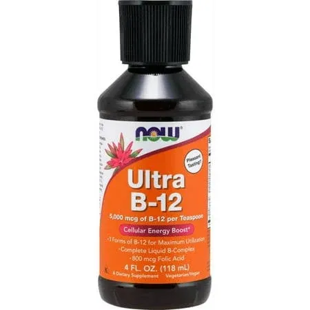 NOW Supplements, Ultra B-12, Liquid, 800 mcg Folic Acid, Cellular Energy Production*, 4-Ounce