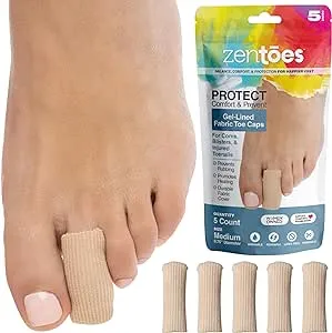 ZenToes 5 Pack Toe Caps Closed Toe Fabric Sleeve Protectors with Gel Lining, Prevent Corn, Callus, Blister Development Between Toes, Soften and Soothe The Skin (Size Medium)