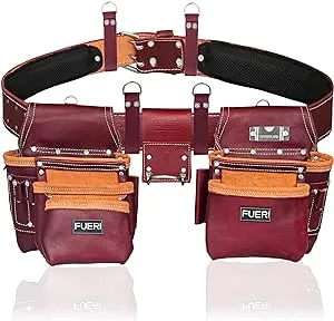 FUERI Tool Pouch Framers Combo Tool Belt Tool Kit | Heavy Duty Pro Gauge Leather Rig Riveted Reinforcement Organizer Tool Holder Drill Holster Multipurpose 17 Pocket (Excluding Tools)