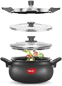 Pigeon All-In-One Super Aluminum Cooker - Steamer, Cooking Pot, Pressure Cooker, Dutch Oven - For All Cooktops - Quick Cooking of Meat, Soup, Rice, Beans, Idli &amp; more, Hard Anodized