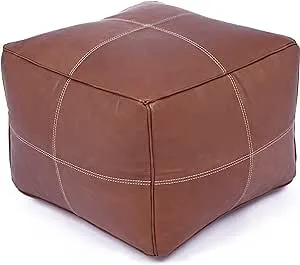 Leather Square Pouf Ottoman Cover - Hand Stitched by Moroccan Artisans