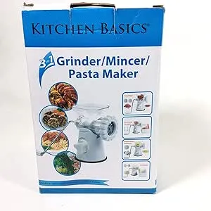 Kitchen Basics 3 N 1 Manual Meat and Vegetable Grinder Mincer, 3 Size Sausage Stuffer, Pasta Maker Bowl Inluded