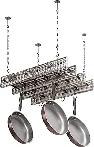 Ceiling Mounted Torched Wood Hanging Pot Rack, Industrial Pipe 8-Hook Pot Rack