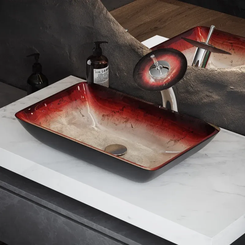 Swiss Madison Cascade Rectangular Glass Vessel Sink with Faucet, Ember Red - SM-VSF295