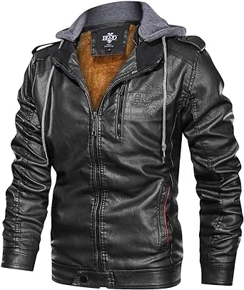 HOOD CREW Men’s Black Brown Coffee Stand Collar Warm PU Faux Leather Zip-Up Moto