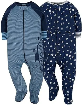 Gerber Baby Boy 2-Piece Navy Rocket Organic Cotton Sleep N&#039; Plays Size 3-6M