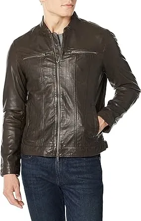 John Varvatos Men's Band Collar Leather Jacket - Chocolate - Size XL