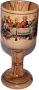 Large Communion Wine Goblet with imprinted Last supper by Laser Technology - Colored - Chalice Olive Wood (6 Inches Large) - Asfour Outlet Trademark