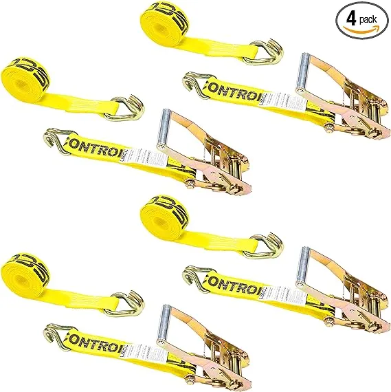 US Cargo Control Ratchet Strap Heavy Duty (4-Pack), 2 Inch x 12 Foot Yellow Ratchet Strap with Double J Hooks, 10,000 lbs. Break Strength, Tie-Down Ratcheting Straps for Trucks and Trailers