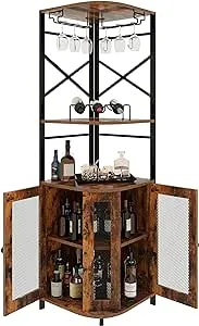 Osfvolr Bar Cabinet W/Wine Rack and Glass Holder, Corner Cabinet with Mesh Door, Corner Bar Cabinet with Adjustable Shelf, Liquor Cabinet Bar for