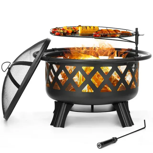 SINGLYFIRE 30 Inch Fire Pits for Outside with Grill Outdoor Wood Burning Firepit Large Steel Firepit Bowl for Patio Backyard Picnic Garden with Swivel BBQ Grill, Ash Plate,Spark Screen, Poker