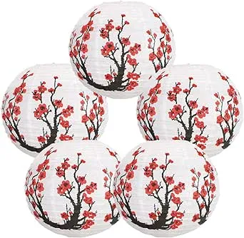 Just Artifacts Large 16-Inch Cherry Blossom Japanese/Chinese Paper Lanterns (Set of 5, Red Sakura)