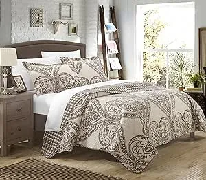 Chic Home 3 or 2 Piece Revenna REVERSIBLE printed Quilt Set. Front a traditional