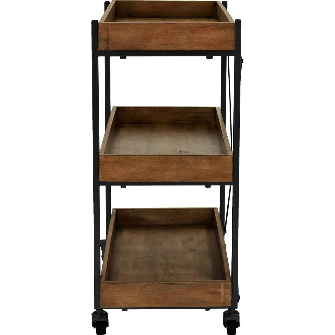 Riley Bar Cart, 3-Tier Rustic Wood and Gold Metal Rolling Kitchen Tray, Wooden Shelves with Metallic Accents, Black