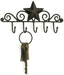 Americana Star Key Hanger in Black Tin, 7-3/4&#034; Wide, 5 Hooks, Screws/Anchor Incl