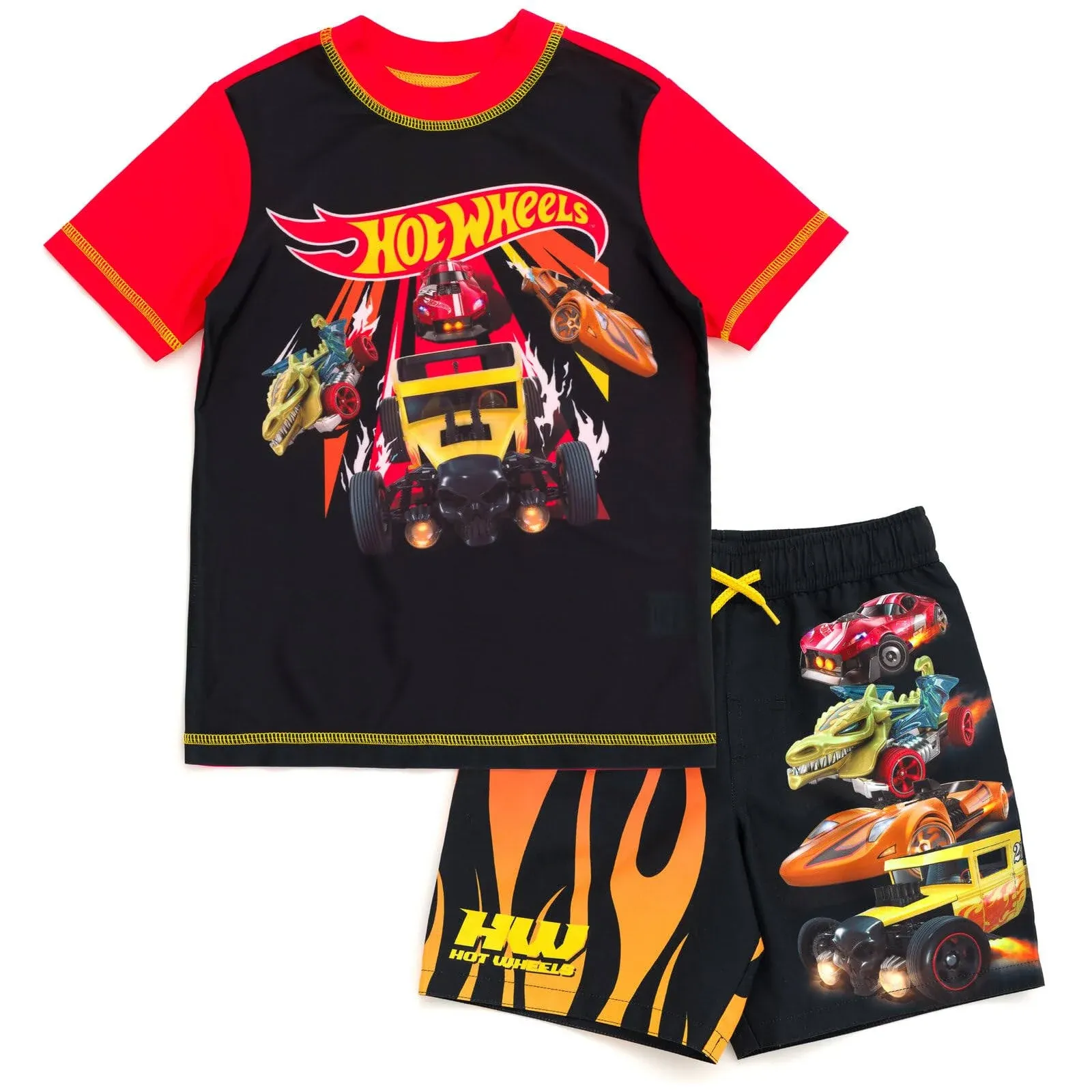 Hot Wheels UPF 50+ Rash Guard and Swim Trunks Outfit Set Toddler to Big Kid, Boy ...