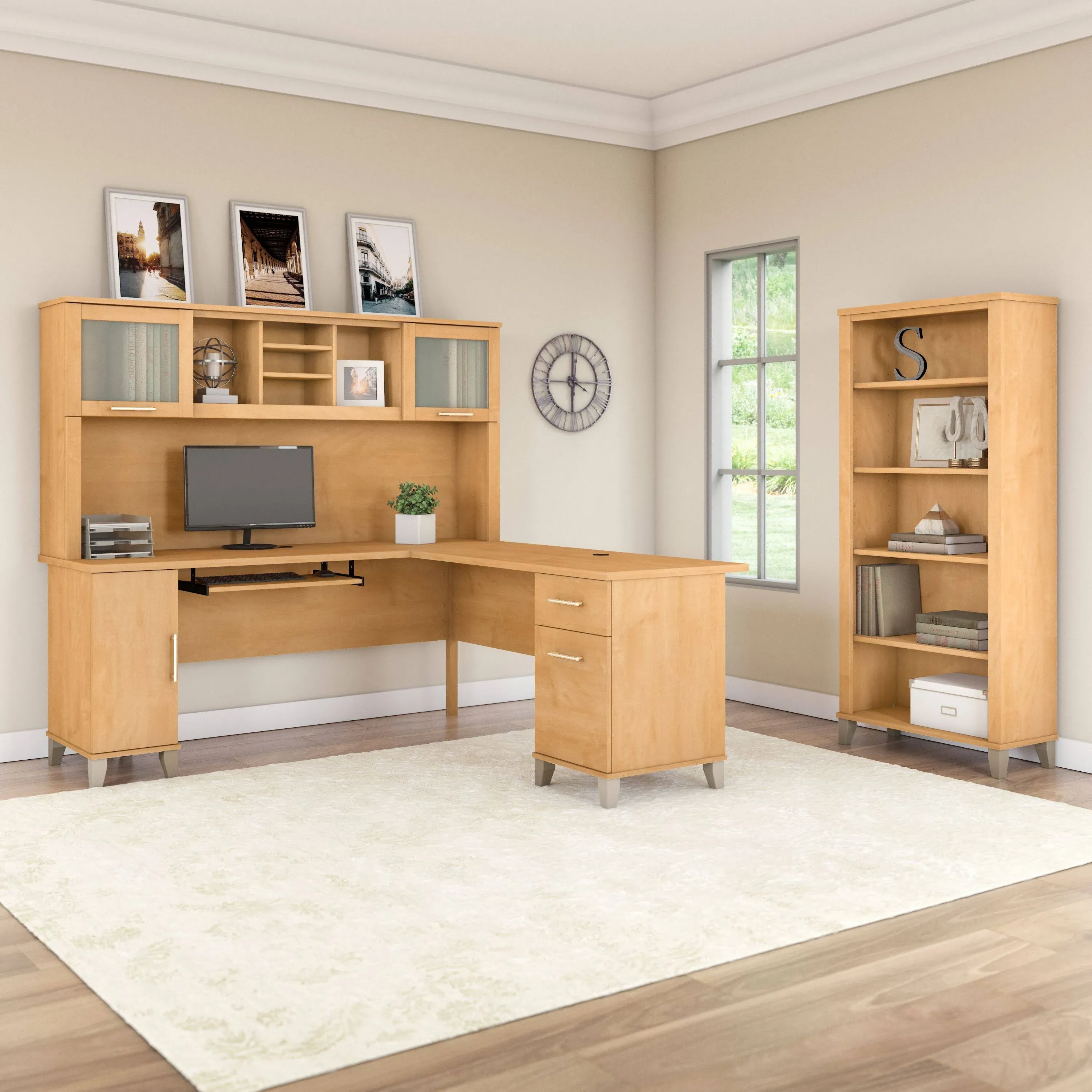 Bush Furniture Somerset 72W L Shaped Desk with Hutch and 5 Shelf Bookcase, Hansen Cherry