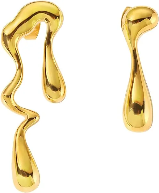 Irregular Waterdrop Earrings Mismatched Earrings, Melting Liquid Asymmetrical Stainless Steel Drop Earrings, Gold Statement Earrings for Women,