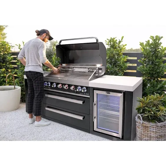 Mont Alpi MAi805-BSSFC-COMBO Black Stainless Steel Modular Outdoor Kitchen Island with Charcoal Tray Griddle Plate & Pizza Oven