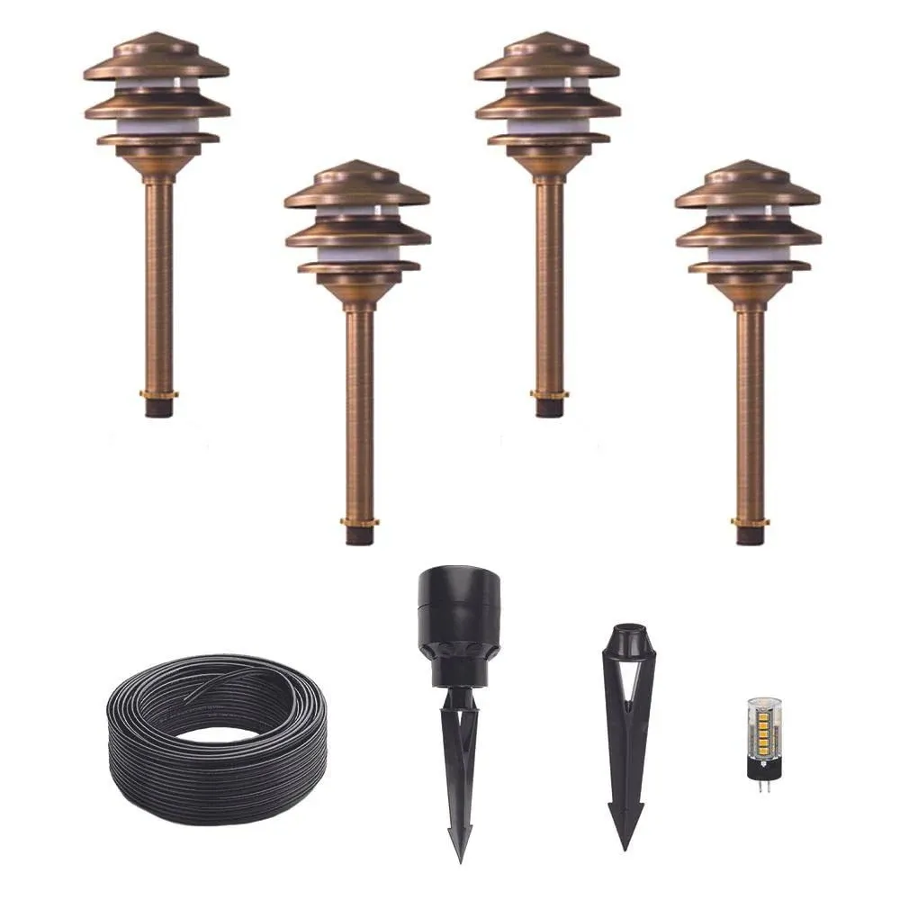 12V Brass Pagoda Path Light 4-Pack Kit (Bronze) with 3W 2700K G4 LED Bulbs