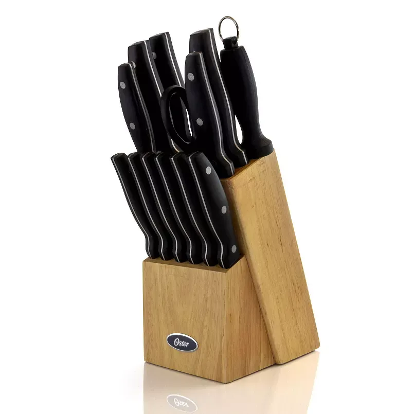 Oster Cocina Granger 14 Piece Stainless Steel Cutlery Set with Black Handles and Wooden Block