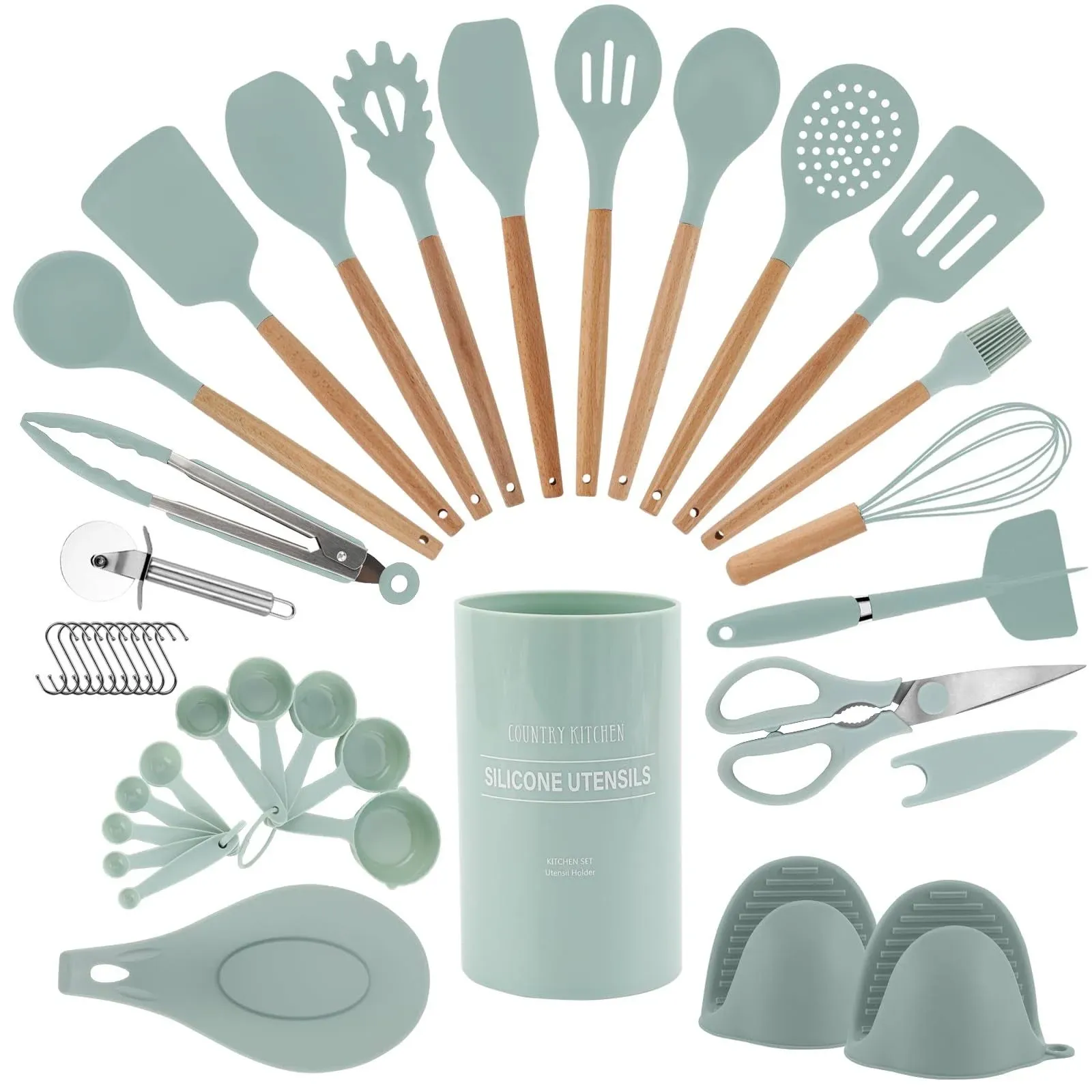 Country Kitchen Cooking Utensils Set - 38 Pcs Non-Stick Silicone Spatula Set with Holder, Wooden Handles and Heat Resistant Gadgets Utensil