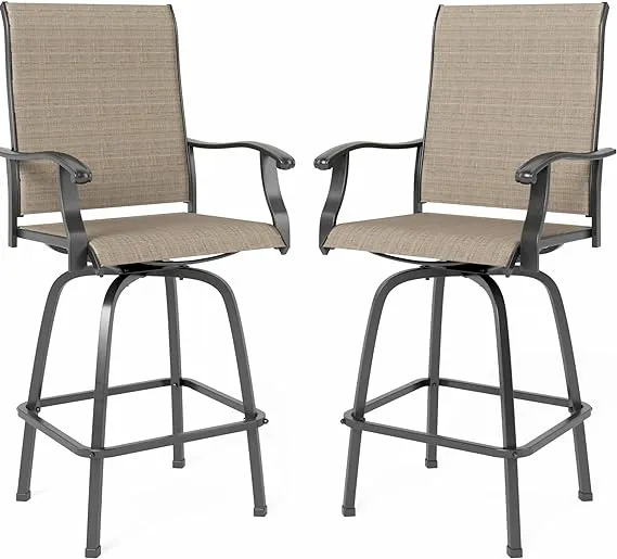 MFSTUDIO 2 PCS Outdoor Swivel Bar Stools, Patio Bar Height Chair Breathable Sling Fabric, All-Weather Resistant, Brown