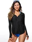 CRZ Yoga Women's Swimwear Rash Guard UPF 50+ Full Zip Hoodies Black / S