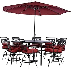 Hanover Montclair 11' Market Outdoor Umbrella, All-Weather, Crank Lever Chili Red