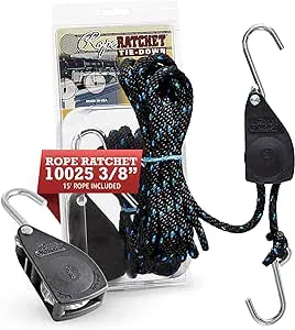 Rope Ratchet - 3/8" Block & Tackle Pulley Hoist, Rope Hoist Pulley System with Hanger, 15' Solid Braided Polypropylene Rope, Heavy Duty Ratchet Pulley for Hoisting, 250 lbs Capacity