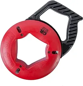 Gardner Bender FTS-65R Fish Tape, Corrosion-Resistant Plated Carbon Steel, Nylon / ABS Housing & UpperHand Design with Rubber Grip, 65 Foot Tape Length, Tough & Durable, ⅛ Inch Tape Width, Patented, Impact Modified Handle & Housing, Fishing Tape , Red