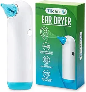 Electric Ear Dryer for Swimmer’s Ear by Tilcare - Rechargeable Ear Drying Water Remover for Swimming, Showering, and Hearing Aids - Comes with 3 Ear Drying Tips & Carrying Pouch