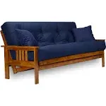 Nirvana Futons Stanford Futon Set - Queen Size Futon Frame with Mattress Included (8 inch Thick Mattress, Twill Navy Blue Color), Heavy Duty Wood, Pop