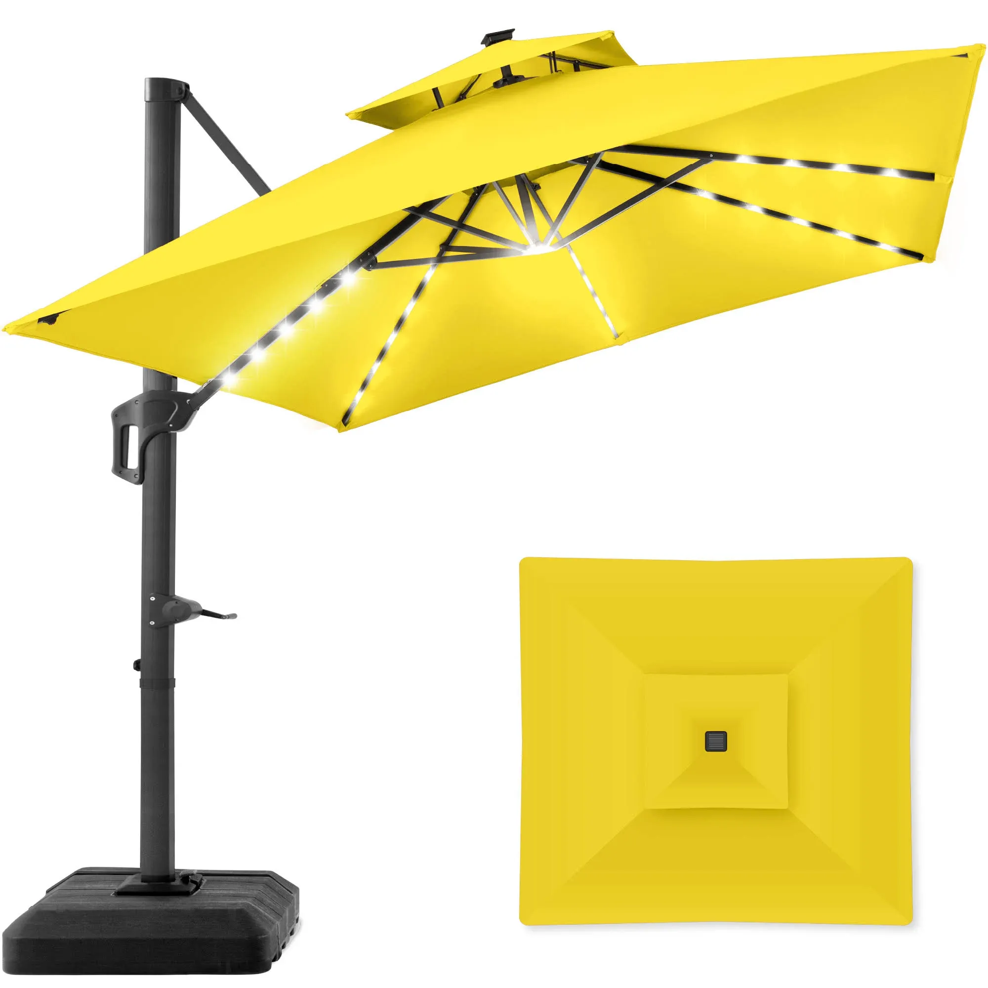 Best Choice Products 10x10ft 2-Tier Square Outdoor Solar LED Cantilever Patio Umbrella w/ Base Included - Yellow