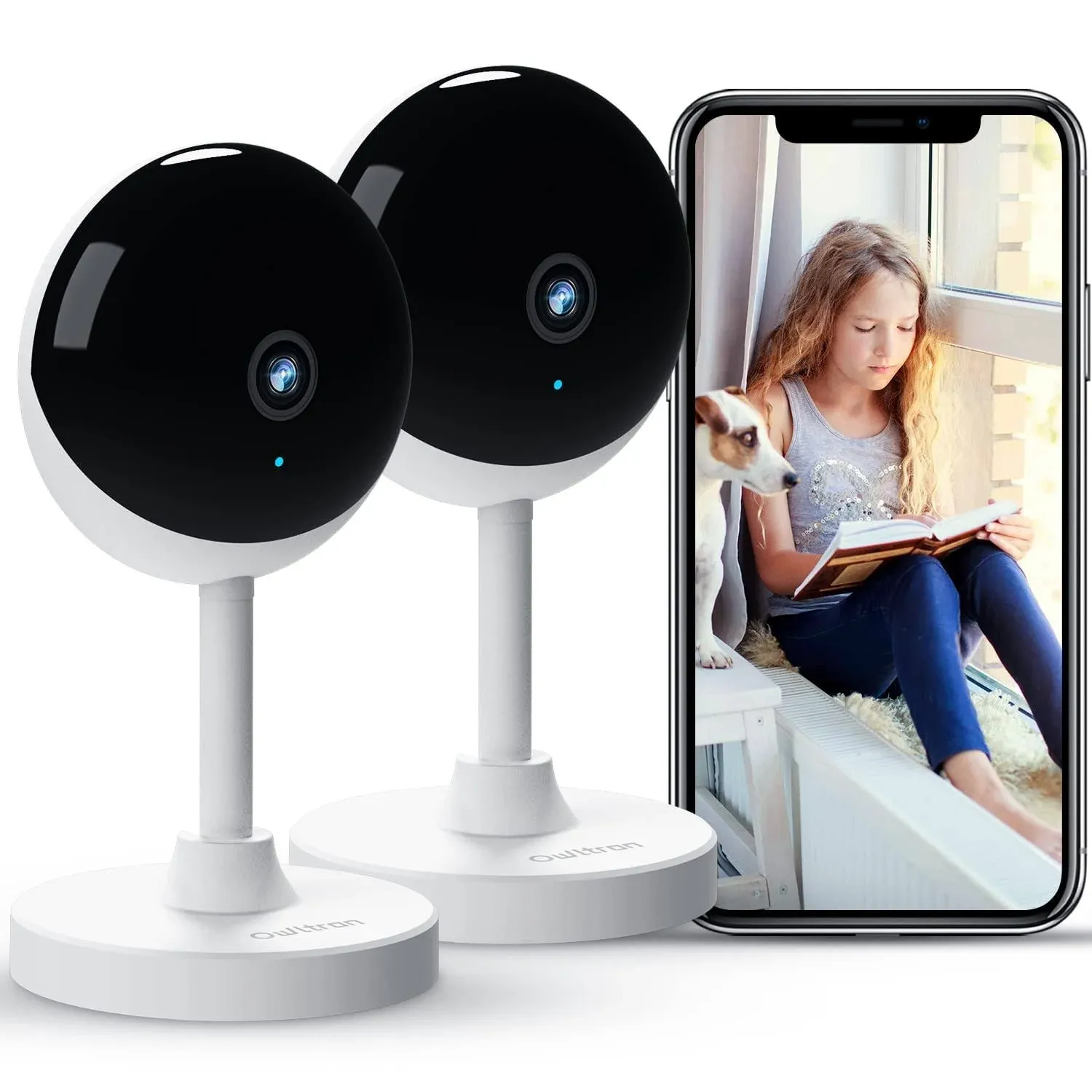 owltron Indoor Security Camera 2K, 2 Pack 2.4GHz WiFi 2.4GHz-2 Pack, White 