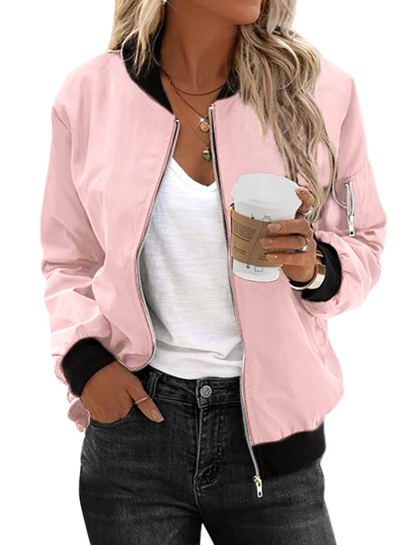 Zeagoo Women's Bomber Jacket Casual Coat Zip Up Outerwear Windbreaker with Pockets S-XXL