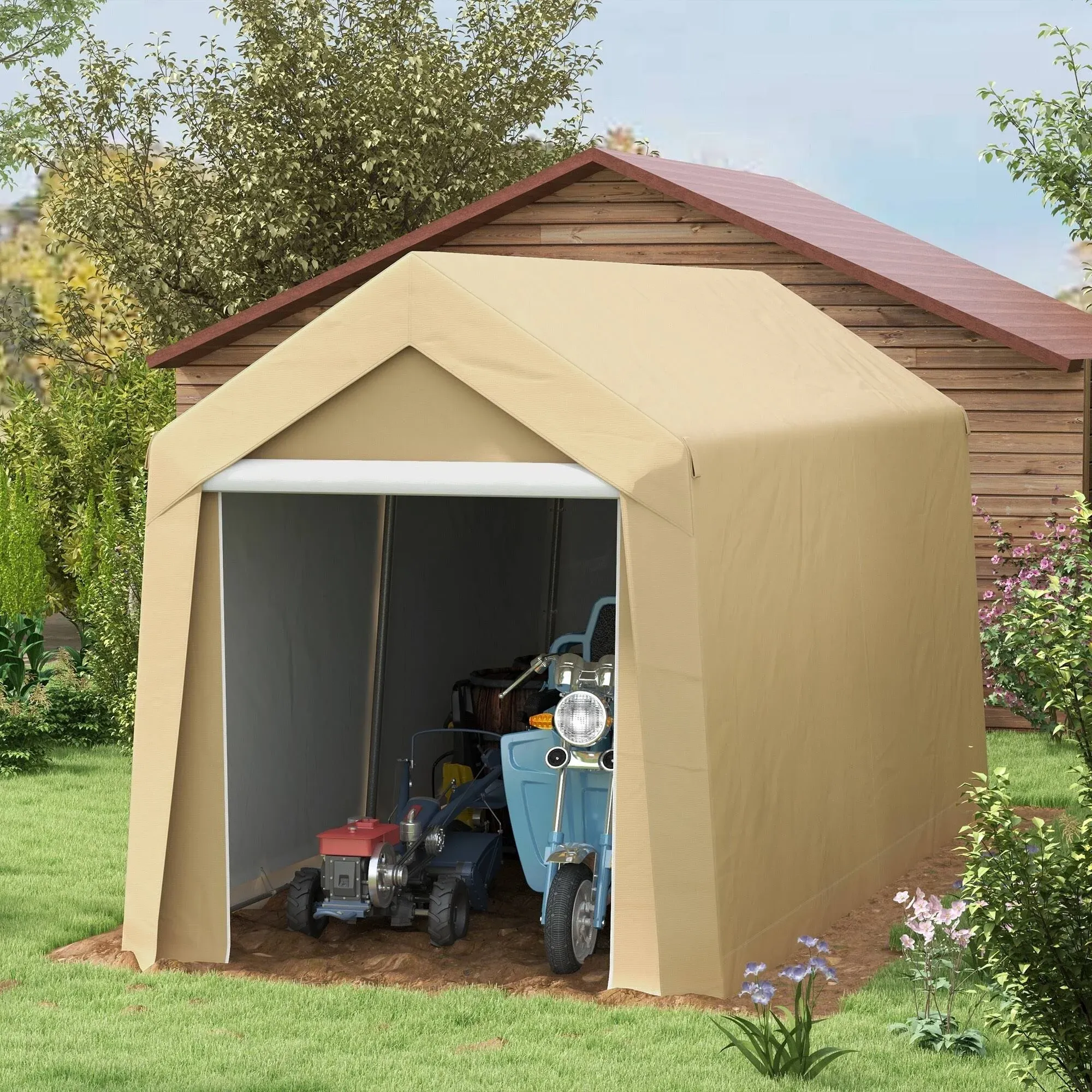 Outsunny 7' x 12' Heavy Duty Garden Storage Tent with Large Door, Beige