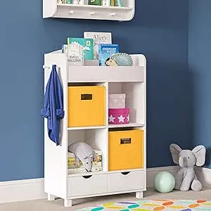 RiverRidge Home Book Nook Kids 1-Shelf 4-Cubby 2-Drawer Storage Cabinet with Bookrack -2pc Golden Yellow Bin Set