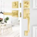 EHOMEWARE Gold Front Door Handle Set, Brass Heavy Duty Square Door Lever & Single Cylinder Deadbolt Combo Reversible for Entrance Exterior Doors 1 Set