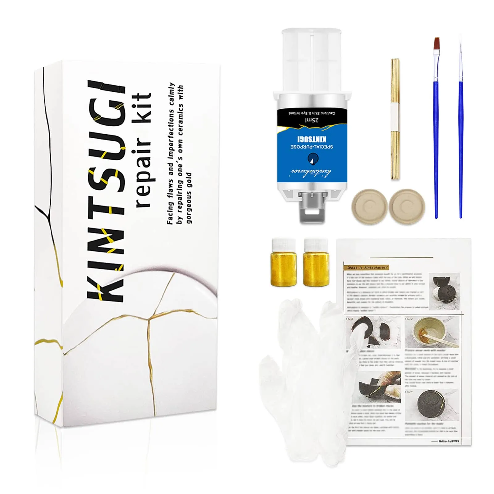 1DFAUL Kintsugi Repair Kit Gold, Japanese Kintsugi Kit to Improve Your Ceramic, Repair Your Meaningful Pottery with Gold Powder Glue, Perfect for