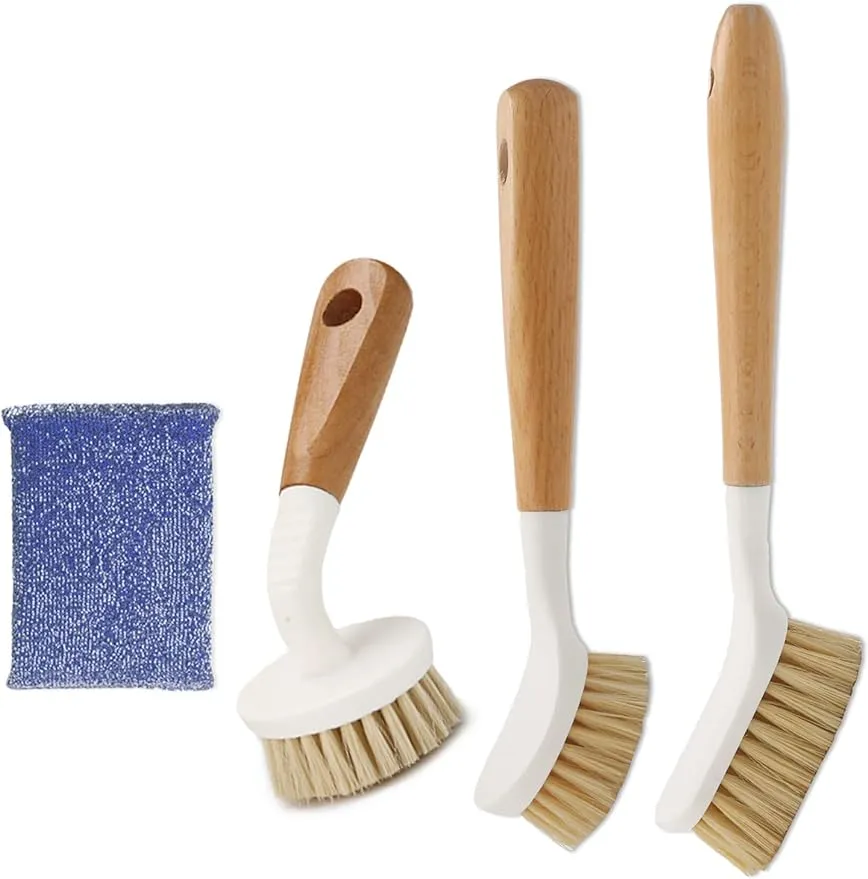 Sisal Dish Cleaning Brush with Bamboo Handle Dish Scrubber, Scrub Brush for Pans, Pots, Dishwashing and Cleaning Brushes (Square Brush, Round Brush and Short Brush)