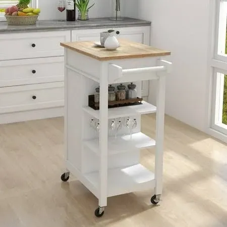 Tileon Kitchen Cart 26&#034;W 1-Drawer w/ Rack+Storages Rolling Wood Tabletop White