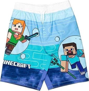 Minecraft Steve Alex UPF 50+ Swim Trunks Bathing Suit Little Kid to Big, Boy's, Size: 5-6, Blue