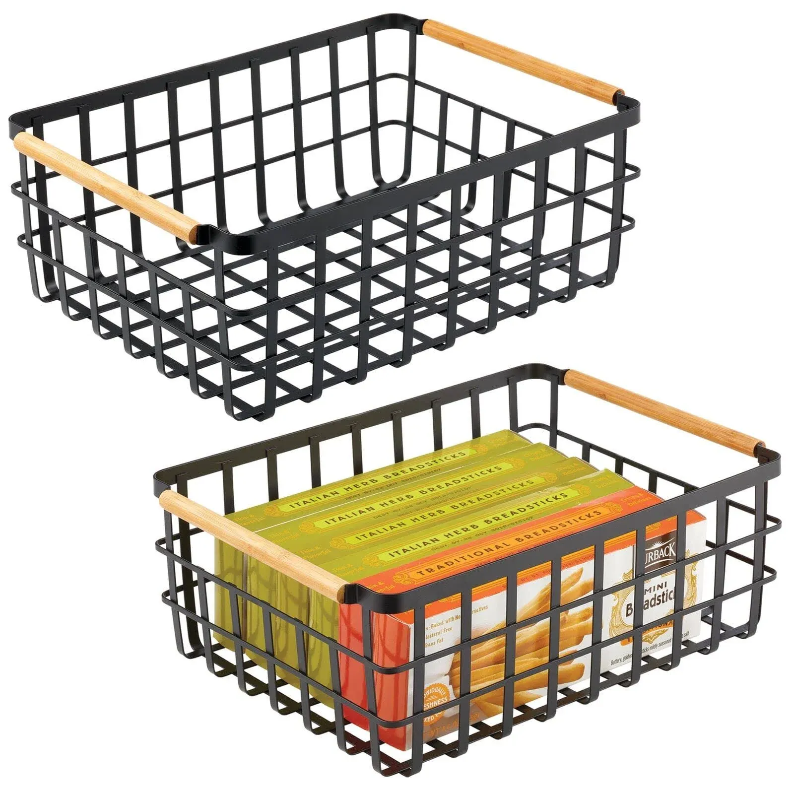 mDesign Metal Wire Organizer Basket with Bamboo Handles (2 Pack)