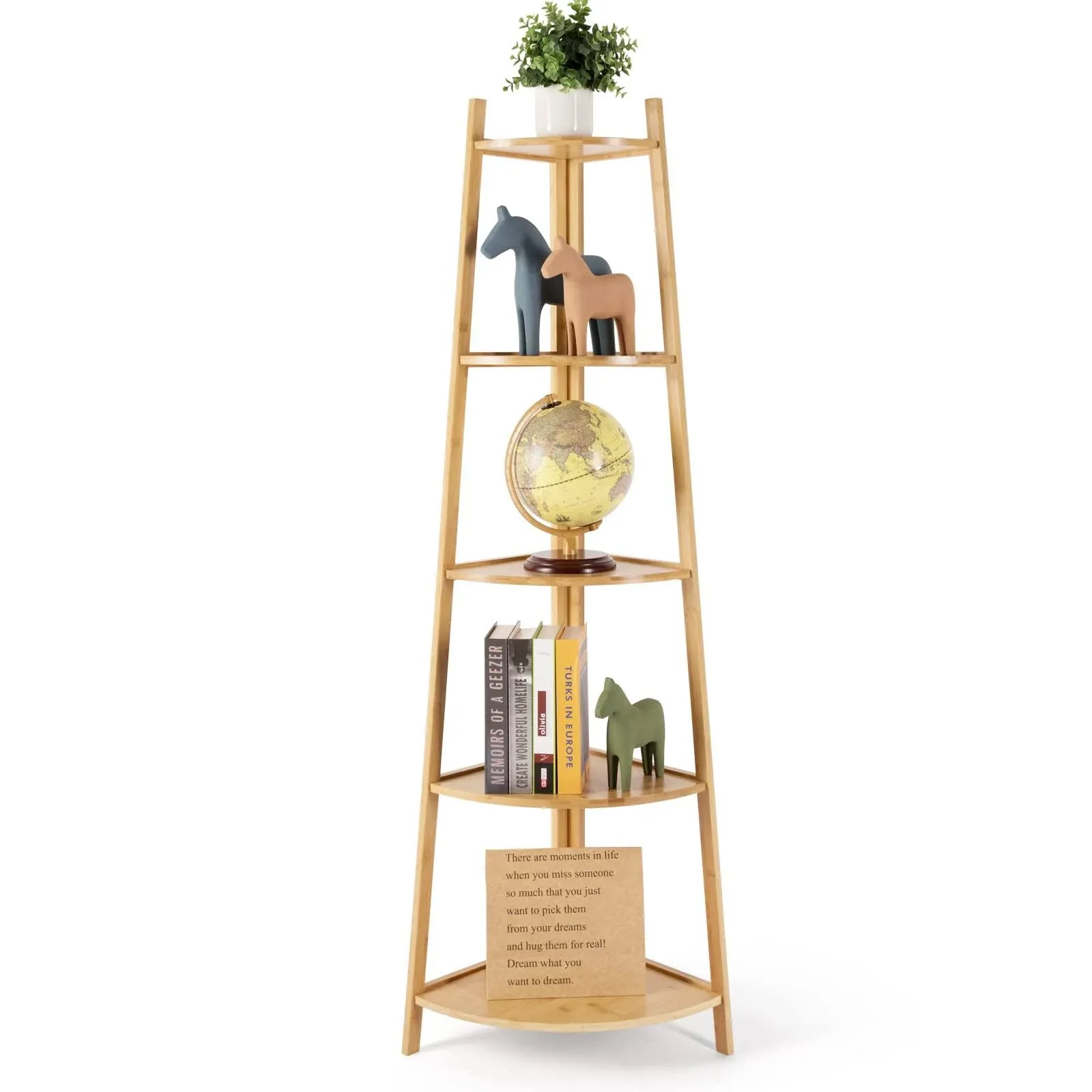 DRDINGRUI Bamboo Corner Shelf Stand for Display, 59&#39;&#39; Tall Storage Rack, 5-Tier Shelf for Organize