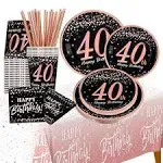 40th birthday decorations for women - (Total 121pcs) rose gold Birthday supplies Plates and Napkins, Cups, Straws, tablecloth, Disposable Tableware for 24 Guests